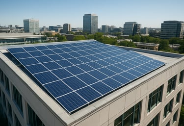 A high-angle photograph of a solar array installed on a modern public building, bright clear sky, clean and professional look, representing sustainability in an international urban environment.