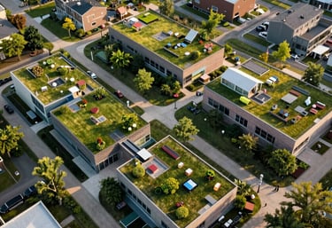 An aerial view of a vibrant, sustainable community project with green roofs and pedestrian paths, afternoon sun, professional architectural photography, North American / International.