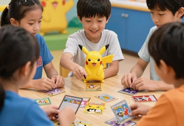 A sleek neon-lit gaming setup with Pokémon TCG cards displayed prominently on a black matte surface.