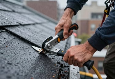 A close-up photograph of a professional roofer's hands using an industrial tool to secure a roof section during a light drizzle, North American / US - New York City.