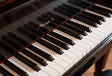 A high-angle professional shot of a black grand piano's ivory and ebony keys. The wood has a deep charred finish with polished brass details reflecting a soft, warm glow.