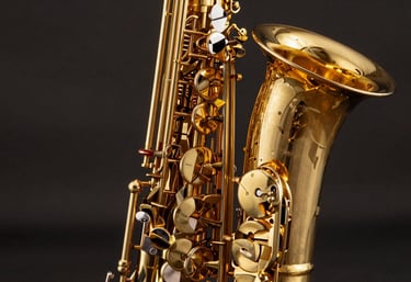 A detailed macro photograph of a gold-lacquered saxophone. The warm oak-colored brass surface and intricate keys are showcased against a dark, out-of-focus background.