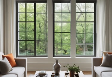 A bright living room with large windows featuring sleek, modern heat control window film.