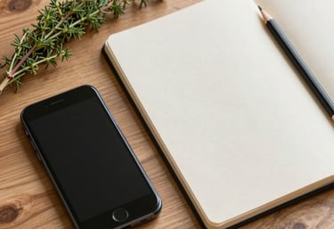 A flat lay of social media planning materials: a smartphone, a sprig of forest green herbs, and a parchment-colored notebook with a pencil on a clean wooden table.