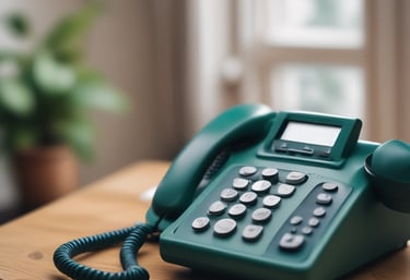 Close-up of a modern home phone and remote control on a wooden table.