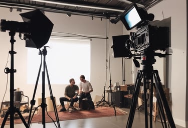 A behind-the-scenes shot of a video shoot with a camera and lighting setup.
