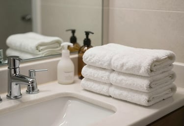 A detail photography shot of a perfectly organized and clean modern bathroom in a North American / Hawaiian resort, featuring folded white towels and sparkling silver fixtures.