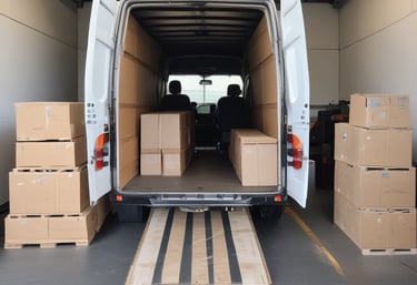 A professional driver carefully securing cargo inside a delivery trailer.