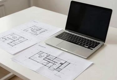 A modern architectural workspace with a laptop and architectural plans spread out on a clean desk. The color scheme is soft off-white with accents of muted sage and dark charcoal.