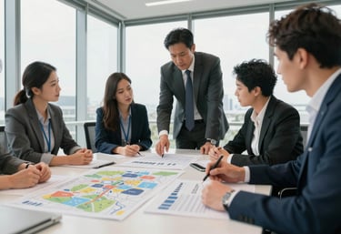 A group of professional consultants in a bright, modern meeting room with large windows, reviewing a series of project charts and maps, in a collaborative and professional Australian / International business setting.