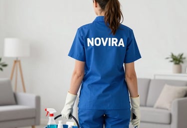 A smiling female cleaner in a blue uniform holding cleaning supplies in a bright, tidy living room.