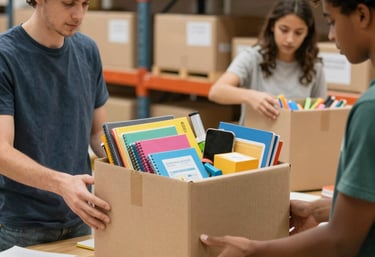 A cheerful family unpacking school supply kits at home, surrounded by colorful notebooks and backpacks.