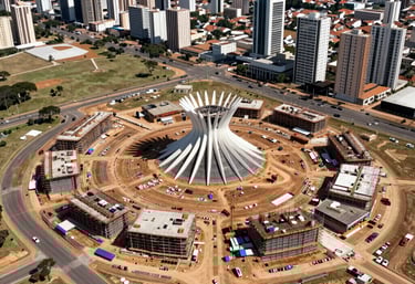 Aerial drone photography of a large-scale construction development in Brasília, South American city planning, broad daylight.