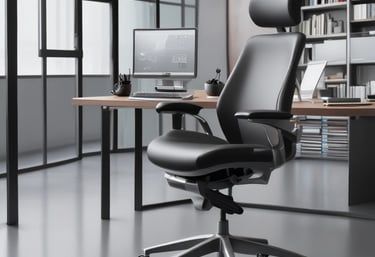 A cozy home office setup featuring an ergonomic chair with lumbar support and natural light streaming in.