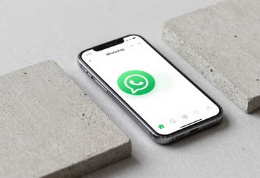 A minimalist composition featuring a smartphone with a messaging app next to concrete samples, symbolizing easy WhatsApp contact.