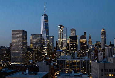 A futuristic cityscape of a North American / US financial district at twilight, illuminated with dark navy and muted blue lights.