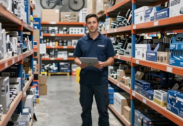 A sleek display of diverse products including pet supplies, bicycles, and kitchen gadgets arranged elegantly on a navy blue backdrop.