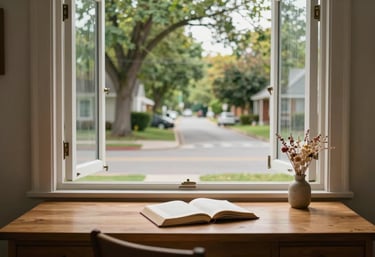 An open window overlooking a leafy North American / US suburban street, with a clean wooden writing desk in the foreground. On the desk is a single bound book and a small vase with dried flowers. The atmosphere is peaceful and inspiring for a writer.
