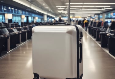 Smiling traveler showing passport and travel documents at an airport.