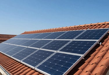 Premium solar panels installed on a traditional French terracotta roof under a clear blue sky. Wide shot, bright and professional architectural photography.