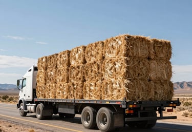 A wide-angle shot of a professional flatbed truck loaded with perfectly stacked hay bales, driving on a straight desert highway under a bright sun, North American Southwestern US.