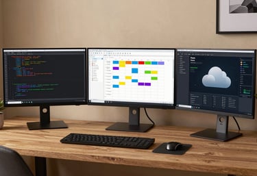 A professional home office setup with three large monitors. One monitor shows lines of clean code, another displays a Kanban project management board, and the third shows a cloud server status dashboard. The room has sand colored walls and modern Brazilian decor.