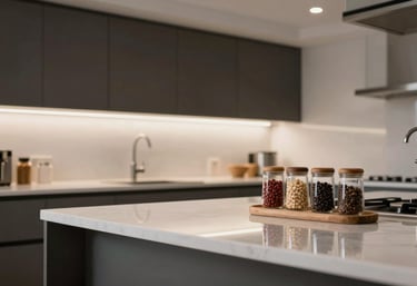A clean and modern South American kitchen with gleaming countertops, organized spice jars, and a sense of order, soft overhead lighting, tones of dark charcoal and off-white.