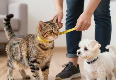 señora tomando medidas para ropa a un gato y perro