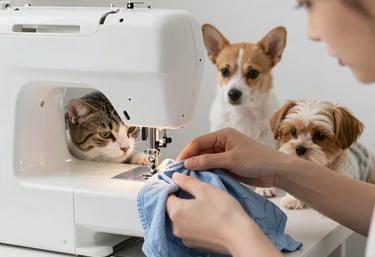 señora confeccionando ropa para gatos y perros