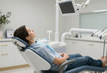 Patient comfortably resting in a dental chair with a view of a clean, minimalist dental office decorated with subtle gold accents and olive plant life.