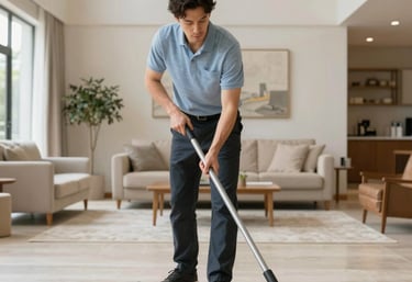 A friendly Kleen and Tidy team member smiling while carefully cleaning a cozy living room.