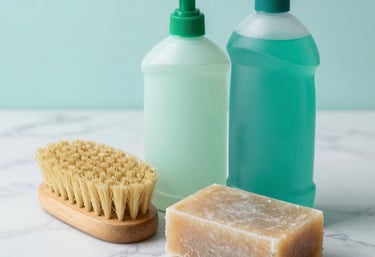 Sustainable and eco-friendly cleaning supplies like a wooden brush and natural soap on a white marble surface, soft light teal and white tones.