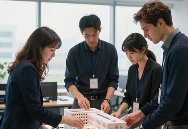 A group of people collaborating on a architectural model in a bright office in the US, with a professional atmosphere and palette of dark navy and sky blue.