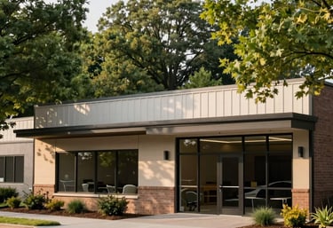 A peaceful North American / US community center exterior with modern, clean architecture, surrounded by lush green trees and soft sunlight, reflecting stability and professional care.