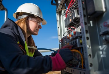 Female electrical technician in a hard hat repairing a complex industrial power control panel.