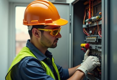 An electrician in a hard hat and safety gear inspecting an industrial electrical control panel.