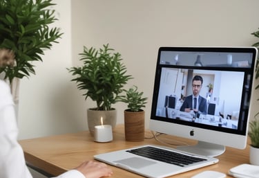 A cozy home office setup with soft lighting and a laptop ready for a video consultation.