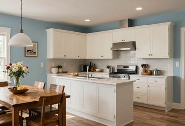 A wide shot of a modern, renovated open-plan kitchen and dining area in a North American / Canadian (with South Asian cultural influence) home. Soft sky blue walls and crisp off-white cabinetry.