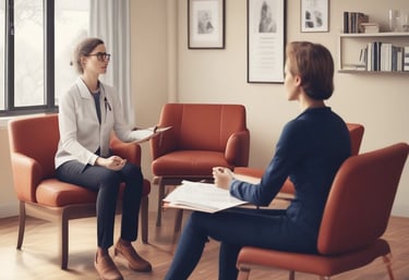 A serene therapy room with calming blue tones and comfortable seating.