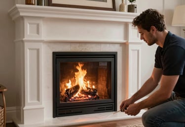 A cozy North American living room with a glowing, safe fire in a well-maintained fireplace, reflecting a mood of comfort and professional care.
