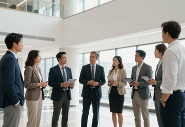 A diverse group of North American professionals collaborating in a bright, modern corporate atrium with sleek architectural details.