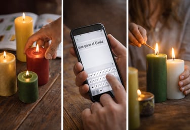 Imagen dividida en 3: 3 velas encendidas, deseo en pantalla de móvil y acto de encidido de vela