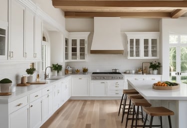 A bright, airy living room staged in a coastal bungalow with soft blues and natural textures.
