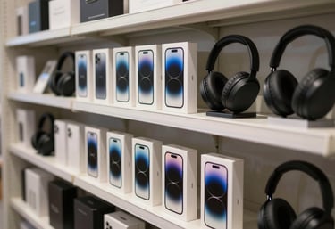 A photograph of a modern, organized technology shelf showing a variety of smartphone boxes and headphones. Clean, professional lighting, Middle Eastern / Gulf retail style.