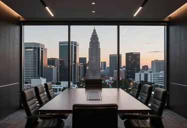 A wide photography shot of a sleek, dark-themed office meeting room with gold light fixtures, overlooking the Sandton skyline in South Africa at twilight.