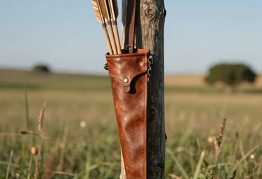 Photography of a hand-crafted leather quiver filled with cedar arrows, hanging from an old wooden post in a sunny meadow, Iberian Peninsula style.