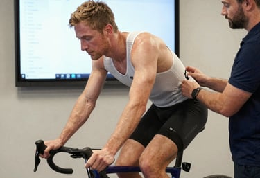 A podiatrist carefully examining a runner's foot in a bright clinic room.
