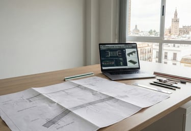 Ingeniero revisando planos técnicos en mesa de trabajo en oficina de ingeniería y obra civil en Sevilla.