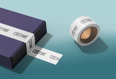 Custom branded packaging tape with Cozyno logo sealing a dark blue shipping box. mockup