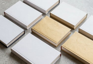High-angle photography of a collection of minimalist academic books with white and gold covers, organized neatly on a light grey stone surface in a bright studio.